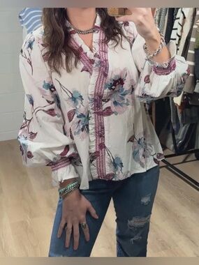 Floral Ruffle-Trim White Blouse with Pink & Blue Accents